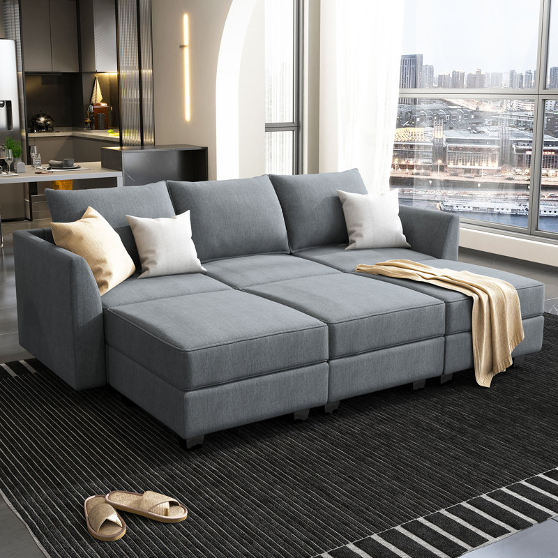 U-Shaped Sleeper Sectional Reversible Modular Sectional Sofa, Bluish Gray Polyester