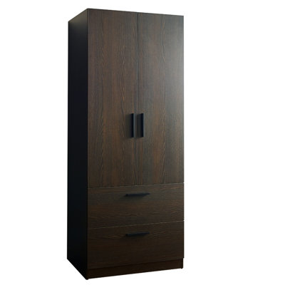 Garde-robe en bois brun foncé avec 2 portes, tiroirs et barres de suspension - Fonction de fermeture en douceur, zone de rangement très profonde, résistance à la chaleur de l'eau, protection contre les rayures pour plus de commodité
