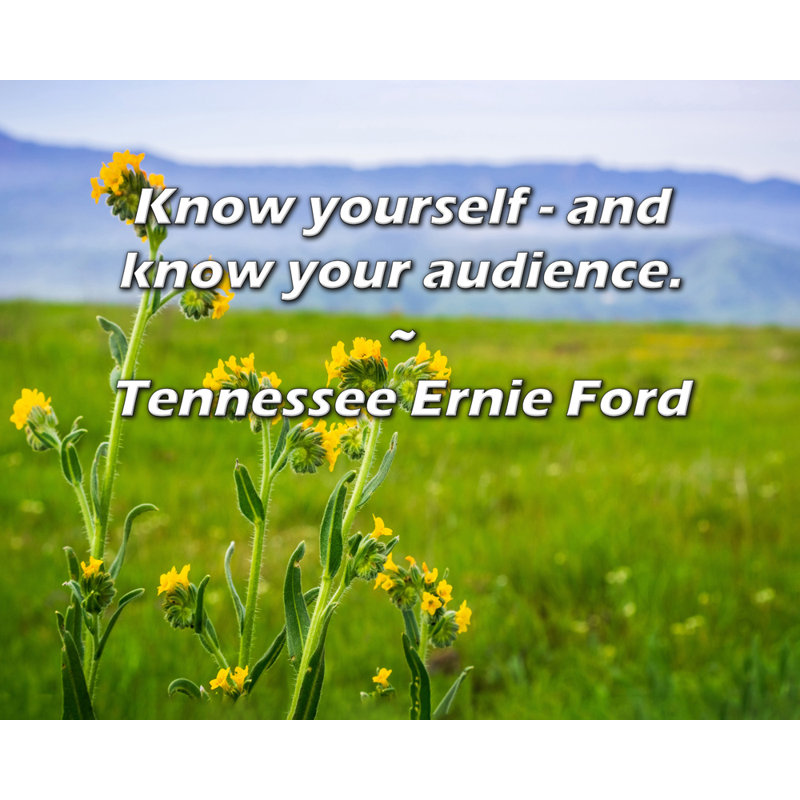 Citation artistique «Connais-toi - et connais ton public». Toile tendue par Tennessee par Ernie Ford, H 28 po x l 40 po