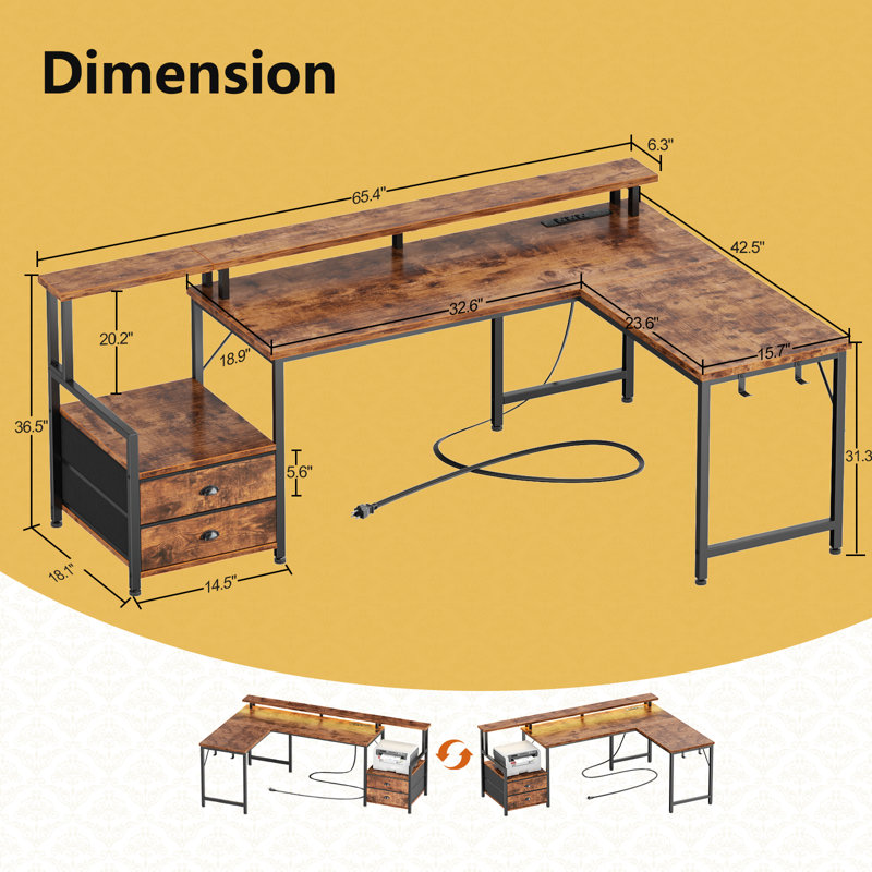 66" L-Shaped Gaming Desk with LED Lights & Power Outlets, Computer Desk with Drawers & Printer Stand, Rustic Brown