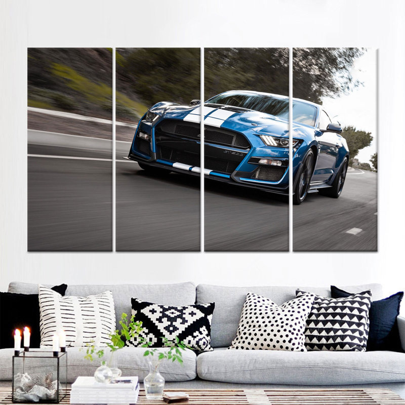 «Blue Sport Car», art mural moderne sur toile 4P, 31,5 po H x 63 po l