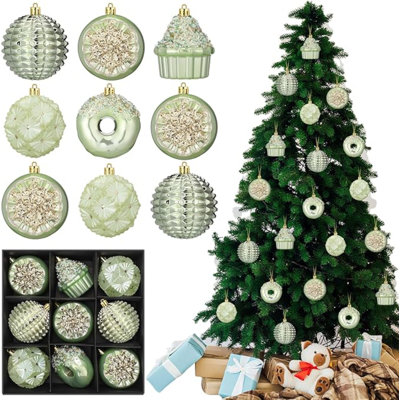 9 Pcs Sage Green Christmas Ball Ornaments 3.15 Inch Glitter Christmas Tree Hanging Decorations Rustic Shatterproof Donut Cupcake Pendant Set for Holiday Parties, Weddings and Home Decor