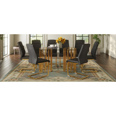 Ensemble de table et de chaises Table de salle à manger ovale en verre trempé de 71 pouces, double colonne dorée de luxe de style luxueux, chaises en polyuréthane noir de haute qualité avec pieds en métal arqués dorés, table moderne et ensemble de meubles 8 places.