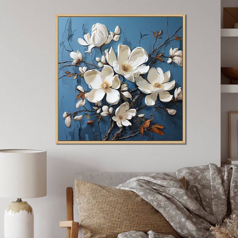 «Blue and White Magnolia Blooming Elegant I», reproduction sur toile, Cadre naturel flottant, H 24 po x l 24 po x P 1 po