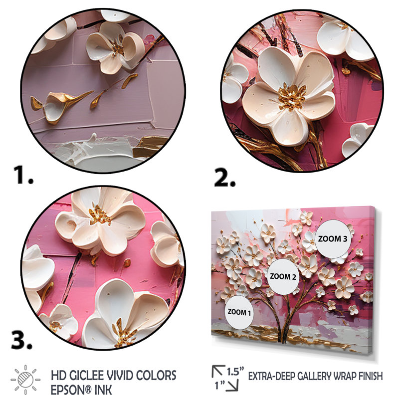 Orchidée rose et or jardin de branches II - art mural arbre, Cadre d'angle fermé doré, H 30 po x l 40 po x P 1,5 po
