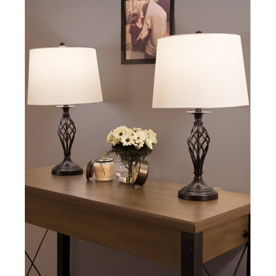 Lark Manor Spiral Cage Table Lamps - Set of 2 Oil-Rubbed Bronze, Modern Farmhouse Style, Bedside, or Living Room Lamps with White Drum Shades