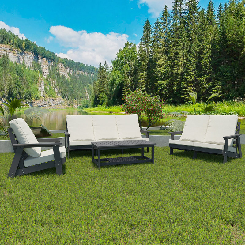 HIPS Loveseat With Cushion, Wood Grain Outdoor Garden Sofa, Beige/Brown