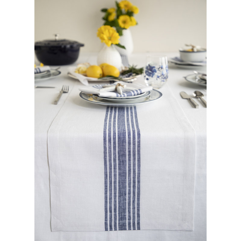 Farmhouse - 100% Pure Linen Table Runner, Navy/White, 120" x 16"