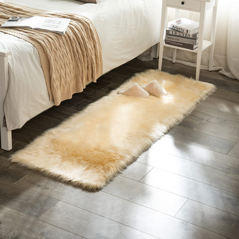 Cream Yellow Shag Faux Sheepskin Fluffy Washable Area Rug, Runner 2' x 5'