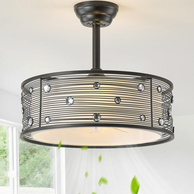 20" Black Fandelier Ceiling Fan With Light, Chandelier Ceiling Fans With Lights Remote Control, Caged With 6 Speeds For Bedroom, Living Room, Nursery