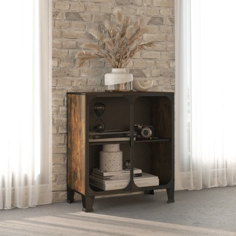 Storage Cabinet File Cabinet with Doors for Living Room Metal and MDF, Light Gray/Black
