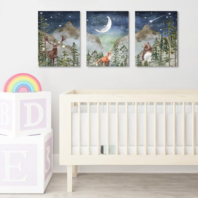 Boho Nursery Wall Decor, Wild Forest Kids Wall Art, Star Night Moon Netural Mountain Wall Art, Fairy Animals Nursery Decor, Nature Prints, Set 3 Framed