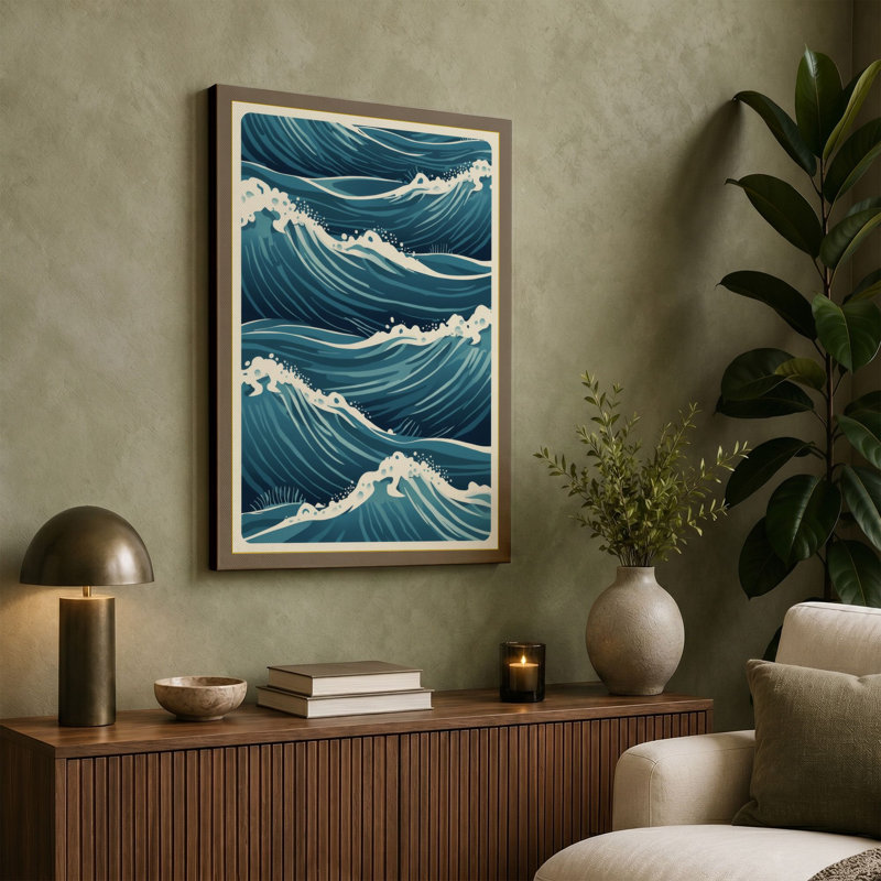 Ocean Waves Japandi - Wrapped Canvas, 30x20 - 76.2 x 50.8 cm, Teal Border