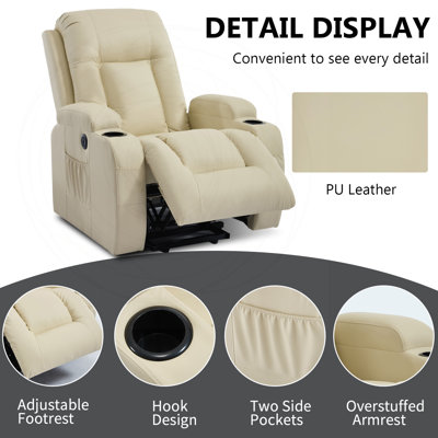 Fauteuil inclinable électrique avec massage, chaleur, port USB et porte-gobelets