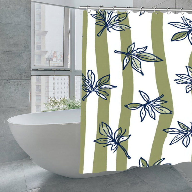 Rideaux de douche Olive Leaf & Stripe pour salle de bain, 71 po x 71 po, Rayures vertes