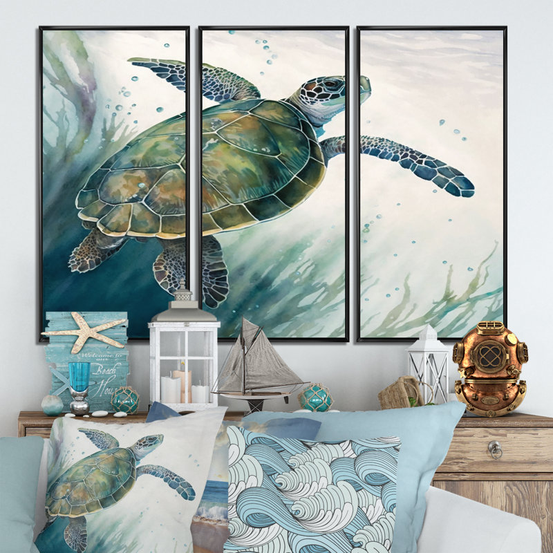 Tortue aquarelle nageant I - 3 pièces sur toile, Toile à cadre flottant noir, H 28 po x l 36 po x P 1 po