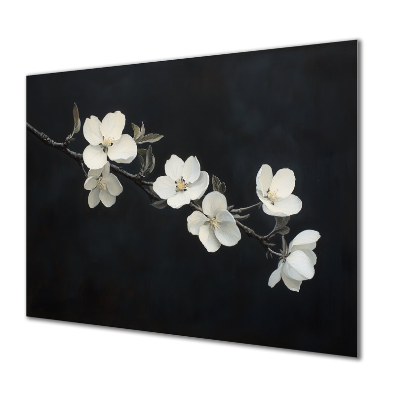 Branche de pétales au clair de lune - Impression d'art mural en métal représentant des fleurs de pommier, H 24 po x l 32 po