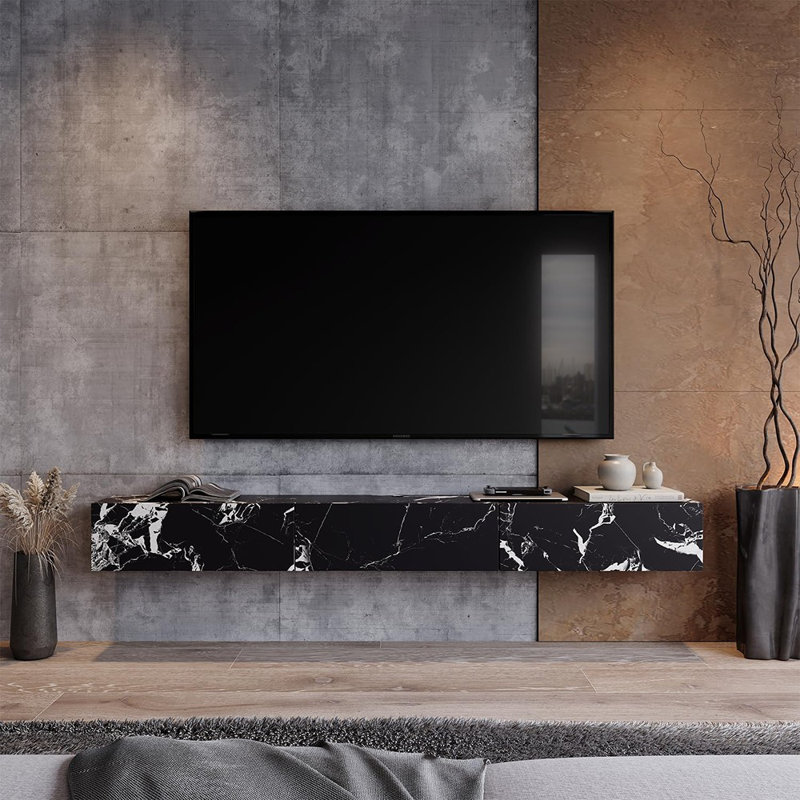 Meuble télé 55 po avec portes, console média murale, marbre noir