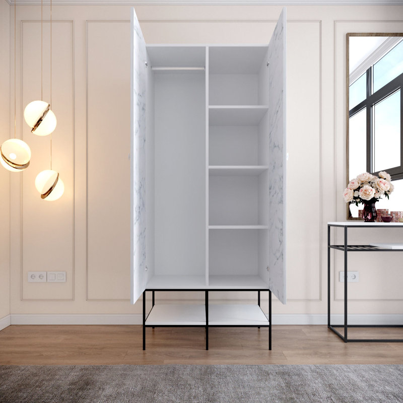 Élégante garde-robe avec de nombreuses tablettes, blanches et noires avec des accents dorés, 33,1 x 78,7 x 19,7 pouces | 100% panneau de particules enduit de mélamine, épaisseur: 0,7 pouce | Parfait pour organiser les vêtements et les accessoires, design traditionnel élégant
