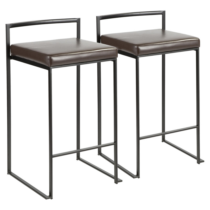 Tabouret de comptoir contemporain empilable noir avec coussin en similicuir brun par - ensemble de 2, Noir, Brun
