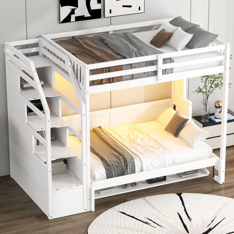 Lit mezzanine double TG avec escalier de rangement et lit escamotable double Roomfitter, conception peu encombrante avec éclairage intégré, blanc