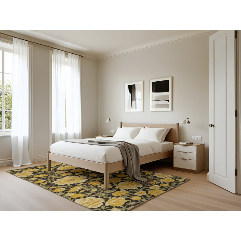 Tapis botanique brun lavable à la machine, Rectangle 5 pi x 7 pi