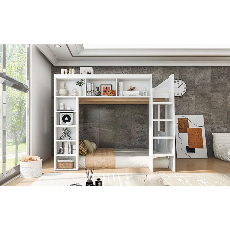Grand lit mezzanine en bois avec armoires de rangement et tablettes, Blanc
