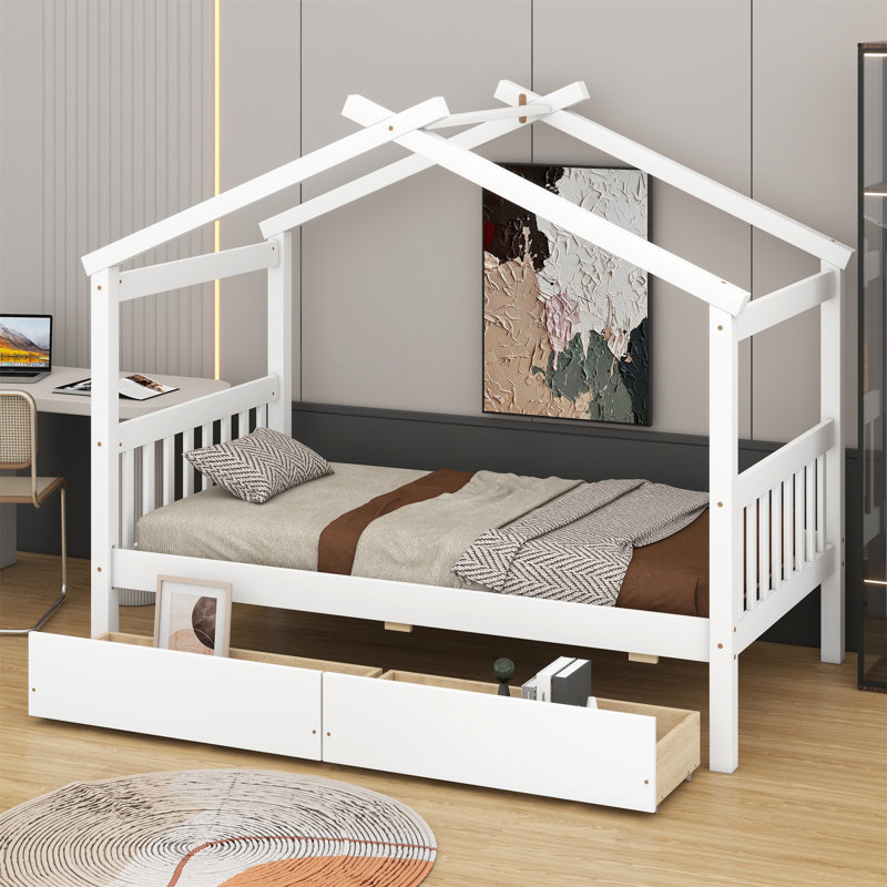 Wooden House Bed with Drawers, White