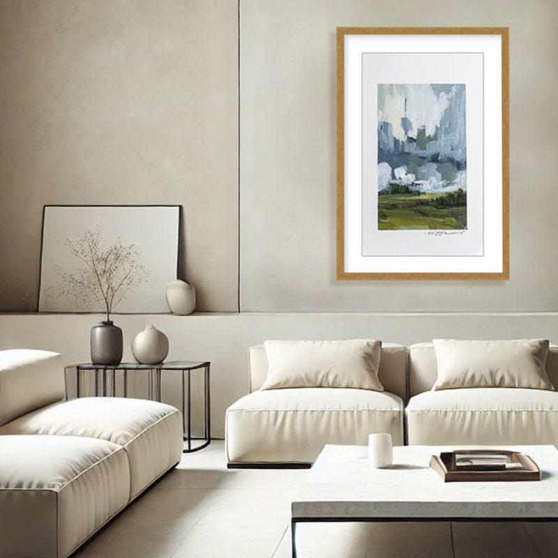 Etheric Horizon: Abstract Hills Under Cloudy Skies, 36" H x 24" W x 1.125" D, Framed Matted Print, Gold