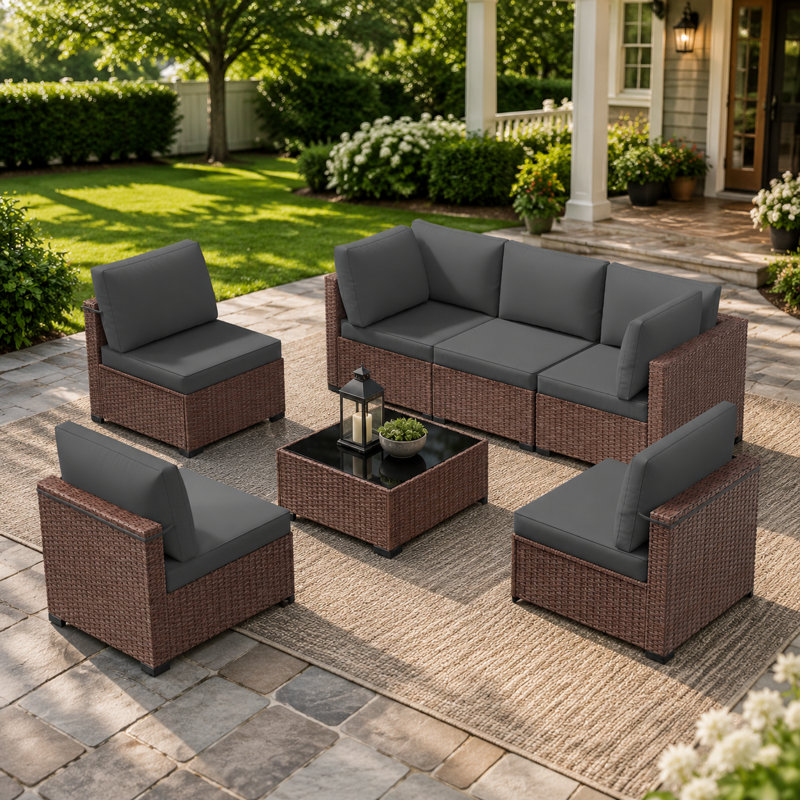 Ensemble de conversation d'extérieur en osier 7 pièces avec coussins et table basse - Gris, Dark Grey