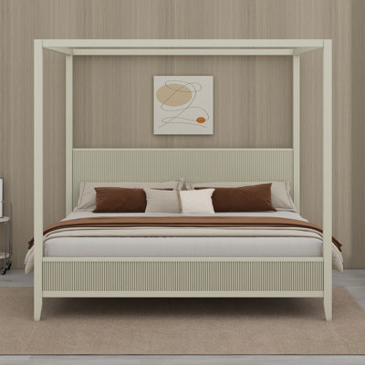 Cadre de lit à baldaquin avec tête de lit, lit plateforme en bois à 4 affiches de style Mid-Century avec support en lattes de bois