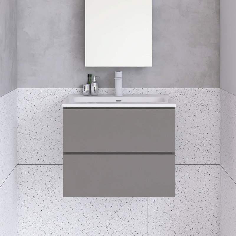Meuble-lavabo mural 24 po avec lavabo en céramique, Gris