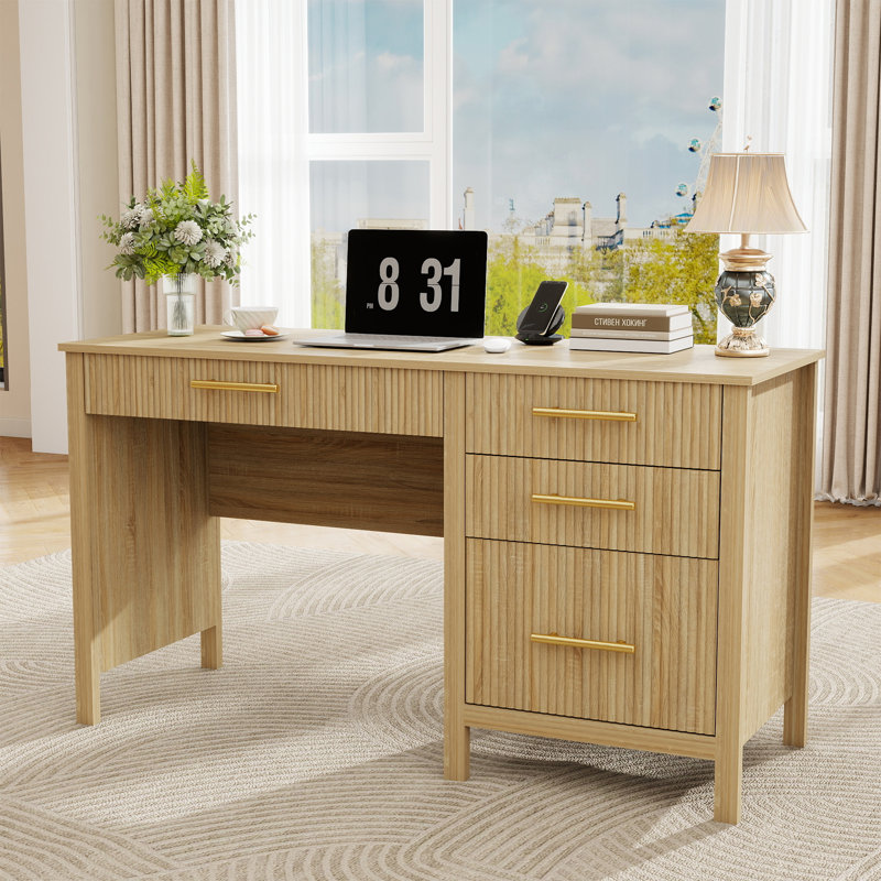 Modern Computer Desk with File Drawers, Wood Home Office Desk with Storage Drawers, Natural