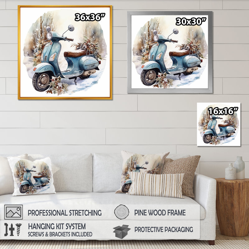 Charme de scooter en hiver, Cadre simple noir, H 16 po x l 16 po x P 1 po
