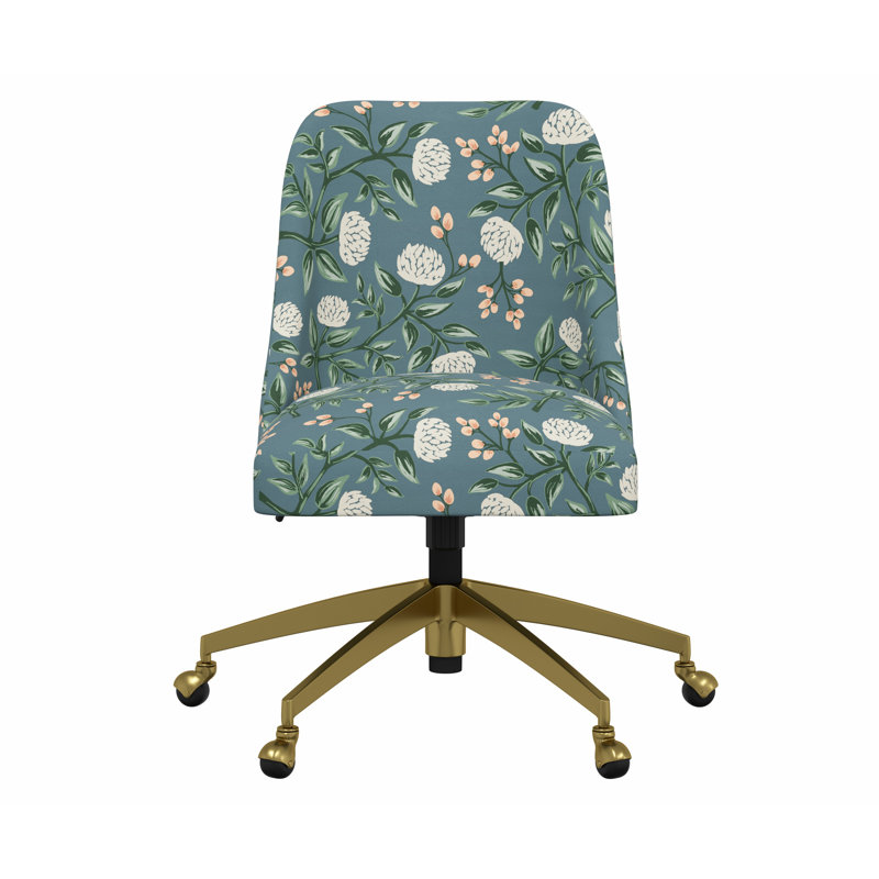 Chaise de bureau Brynn, Rpc pivoines émeraude lin, Doré