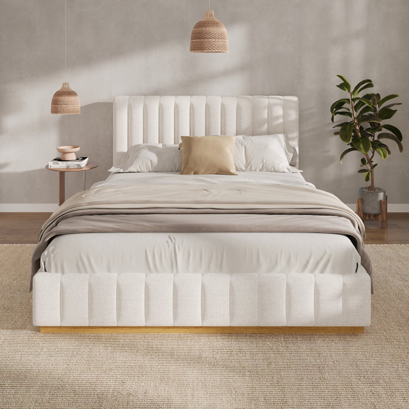 Structure de lit grand avec tête de lit rembourrée en lin épais, base en bois massif, beige, Grand