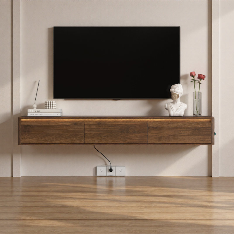 Floating Tv Shelf With Led Lights Modern Design For Living Room, Wood
