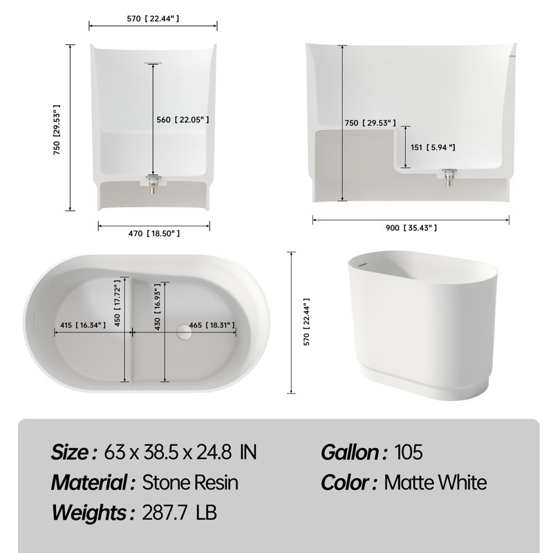 Petite baignoire 39,37 po à surface solide rose - peu encombrante, durable et confortable, Blanc mat