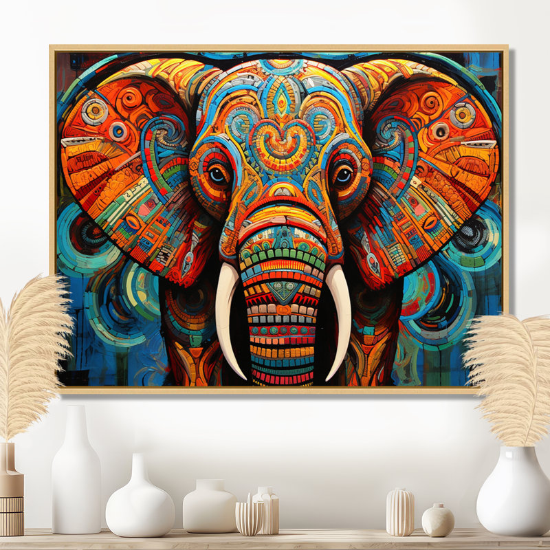 Éléphant Tribal Majesty - Éléphant, art mural, H 12 po x l 20 po x P 1 po, Cadre flottant érable