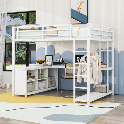 Lit mezzanine en métal avec bureau, garde-robe et tablettes de rangement