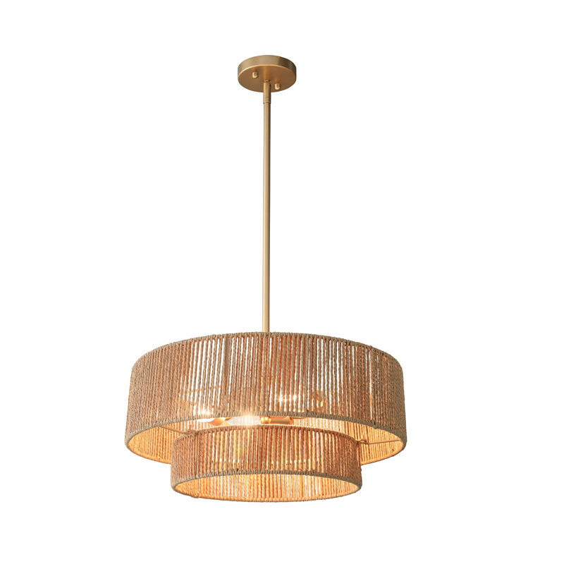 4 Light Gold Metal Rattan Drum Chandelier