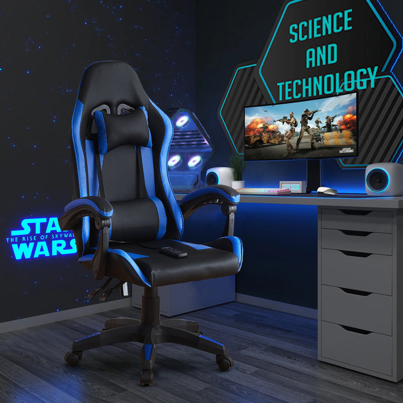 Inbox Zero Adjustable Faux Leather Swiveling PC & Racing Game Chair, Black/Blue, Black
