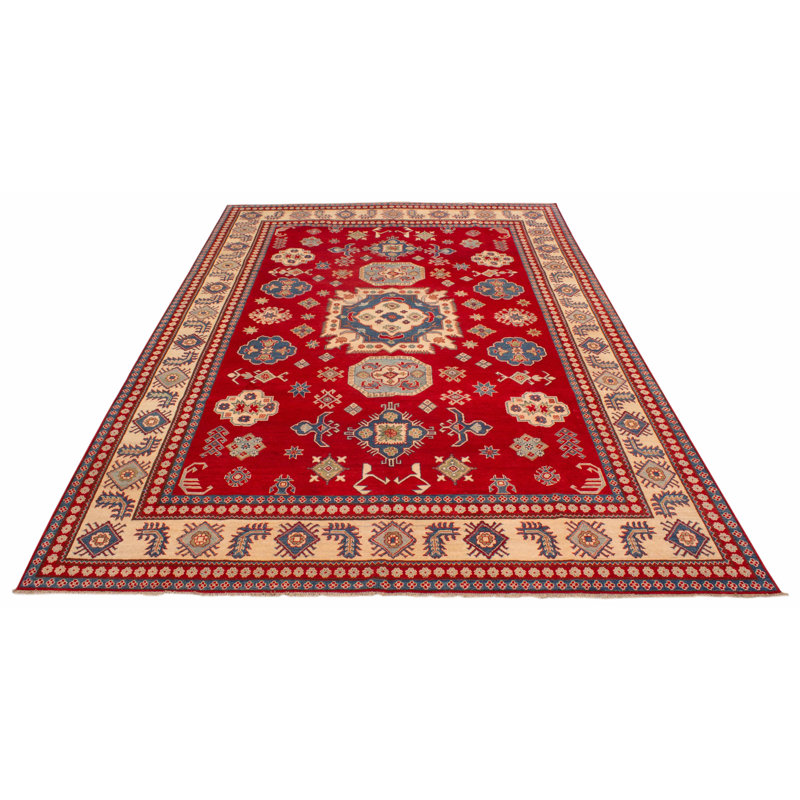 Tapis rouge en laine noué à la main de conception unique 9 pi 9 po x 13 pi 11 po New Age Finest Ghazni