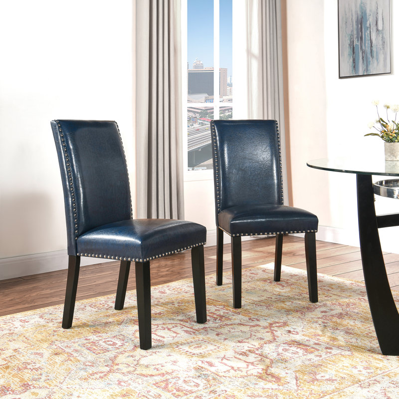 LUMERA Collection Upholstered Parsons Dining Chair with Nailhead Trim, High Back Faux Leather Side Chair, Blue, Blue