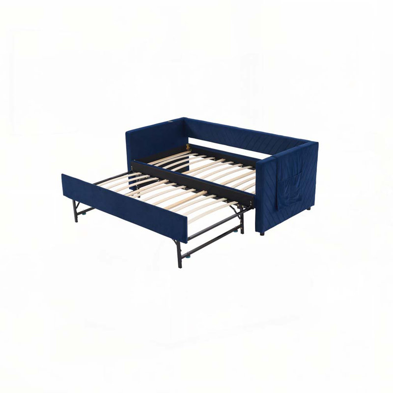 Upholstered Daybed with Trundle,USB Port ,Side Pockets, Navy