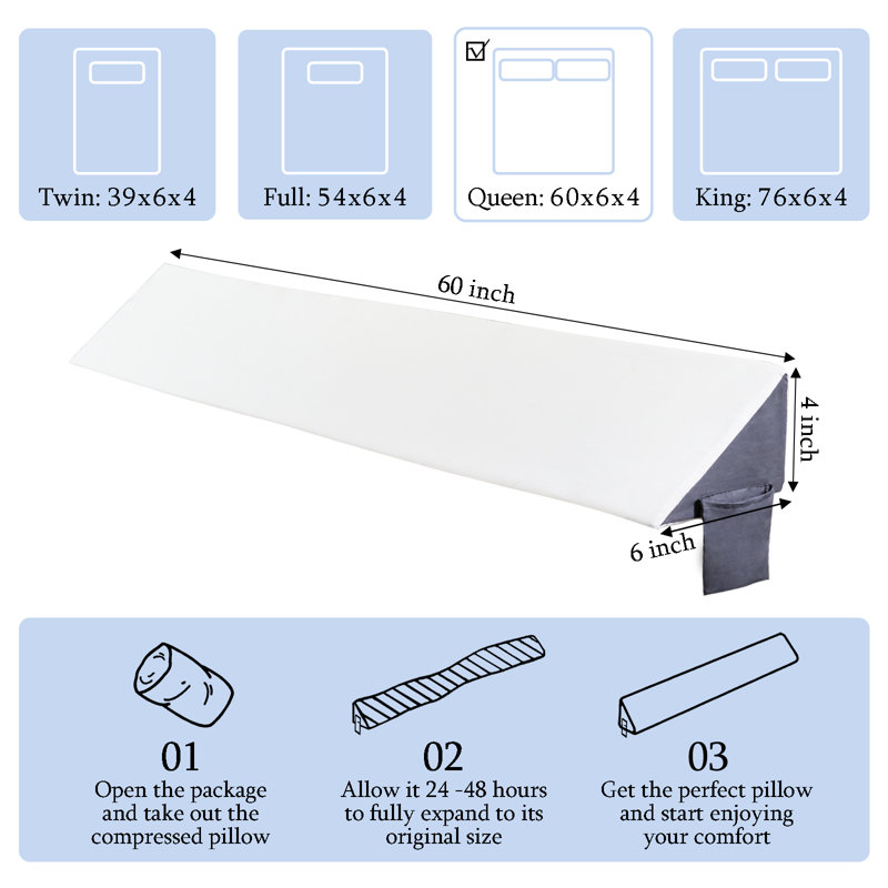 Gap Filler Wedge Pillow for  Small Gap between Mattress/Headboard/Wall, 6"H x 60"W