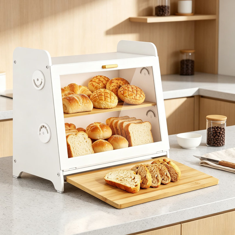 Boîte à pain hermétique pour comptoir avec planche à découper en bambou, ventilation réglable, grande capacité de rangement et fenêtre transparente.