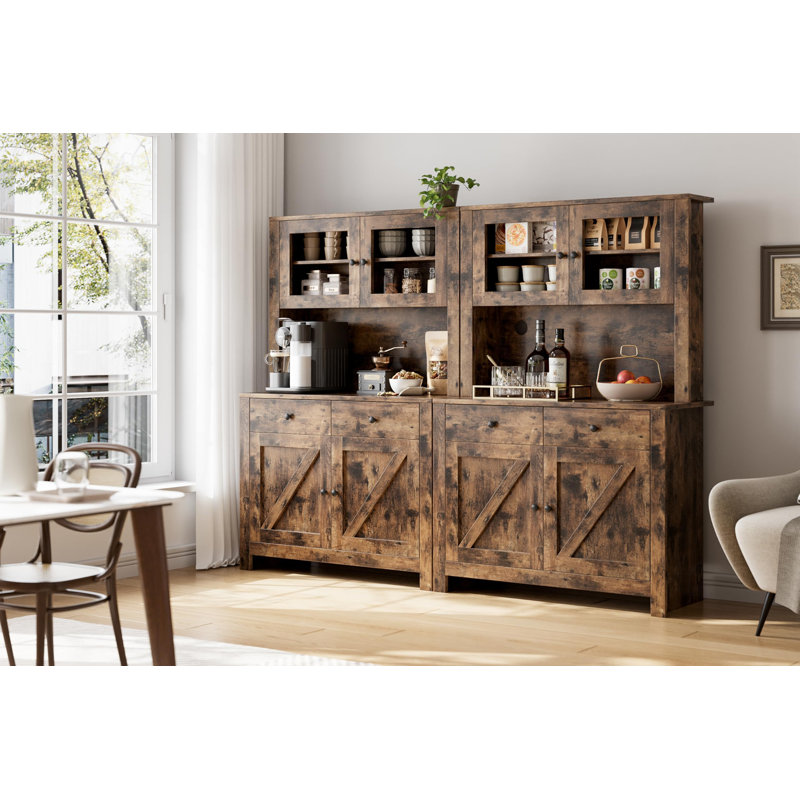  Grand garde-manger autoportant avec tablette à micro-ondes et bar à café - 2 tiroirs, 4 portes, tablettes réglables - Buffet bahut pour salle à manger - couleur rétro