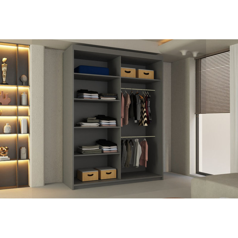 Higham 2 Door Manufactured Wood Wardrobe, 217cm H x 150cm W x 62cm D, Grey