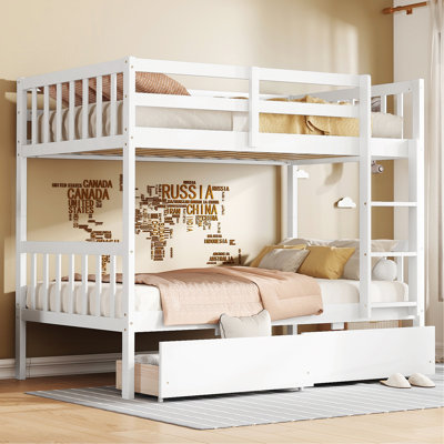 Twin over twin rubber wood bunk bed with drawers, convertible to two twin beds, safety guardrails